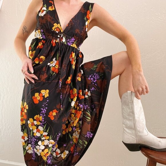 Vintage Floral Maxi Dress - Black, Orange, Purple - Picture 2 of 9
